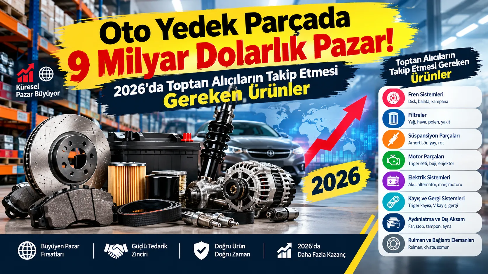Oto Yedek Parçada 9 Milyar Dolarlık Pazar! 2026’da Toptan Alıcıların Takip Etmesi Gereken Ürünler
